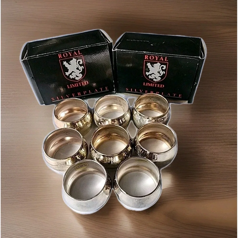 New 8 Pc. Vintage 1990s Royal Limited Silverplate Barrel Napkin Rings New In Box
